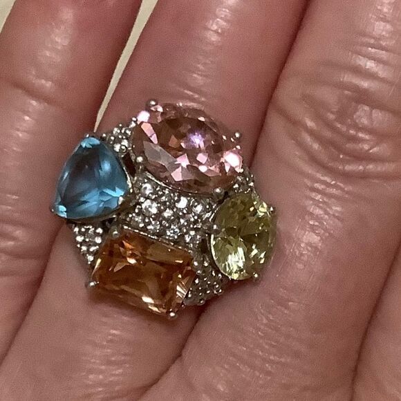𝅺sterling SILVER MULTICOLOUR CRYSTALS WOMAN RING SIZE US 6.5​ - Picture 12 of 15